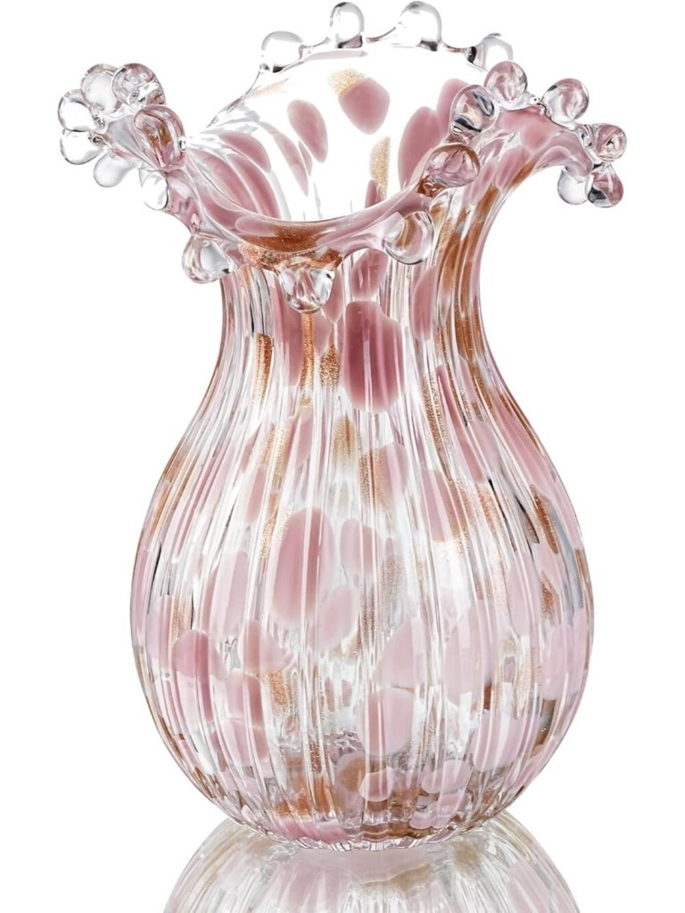 8.5 inch Tall Modern Hand Blown Glass Art Flower Vase With Pink Petal Decor